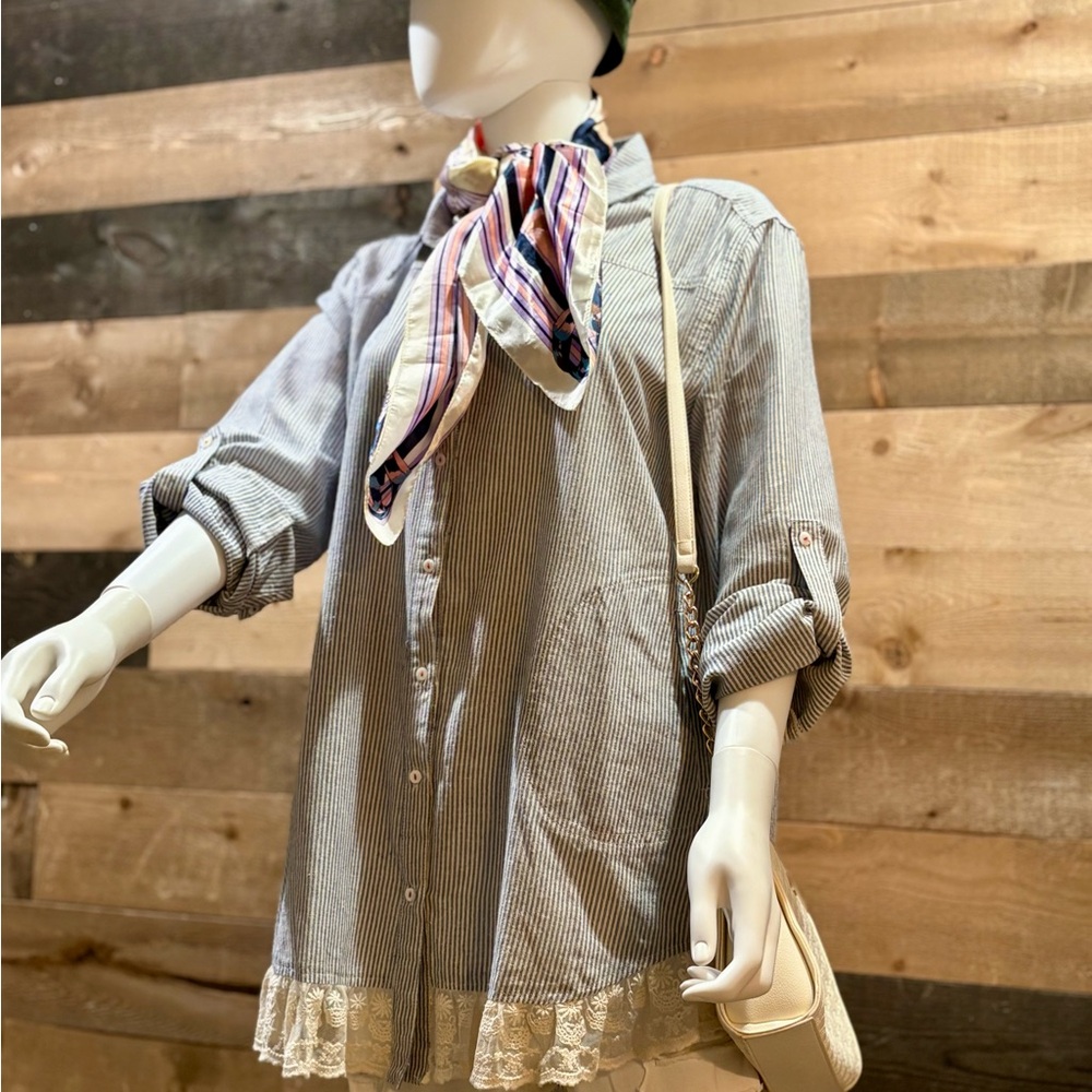 Umgee Blue and White Pinstripe Button-Front Tunic with Lace